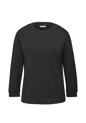 Sort sweatshirt med lange ærmer lavet af blød bomuldsblanding, med raglan-ærmer, ribbede manchetter og rund hals design.