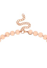 Bracciale in oro rosa con maglie circolari e chiusura a moschettone. Le maglie sono lisce e riflettenti, con una catena regolabile per la lunghezza.