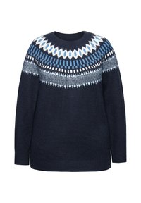 Granatowy sweter wełniany z białym i niebieskim nordyckim wzorem na klatce piersiowej i ramionach, długimi rękawami i okrągłym dekoltem.