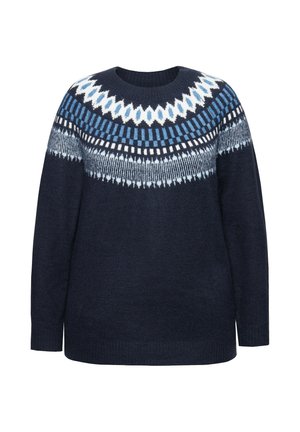 Navyblauwe wollen trui met een wit en blauw Noordse patroon over de borst en schouders, lange mouwen en een ronde halslijn.