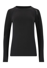Schwarzes langärmliges Technikshirt mit geripptem Textur an den Seiten und Schultern, Rundhalsausschnitt und dezentem Branding an einer Schulter.