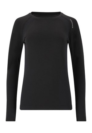 T-shirt technique noir à manches longues avec texture côtelée sur les côtés et les épaules, col rond et logo subtil sur une épaule.