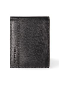 Portafoglio in pelle nera con una finitura testurizzata, caratterizzato da un design semplice e da un branding discreto sul lato. Chiusura piegata per una conservazione compatta.