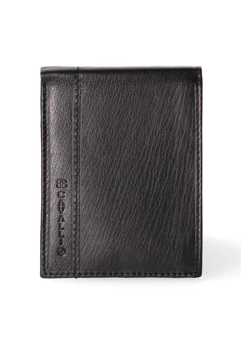 Portafoglio in pelle nera con una finitura testurizzata, caratterizzato da un design semplice e da un branding discreto sul lato. Chiusura piegata per una conservazione compatta.