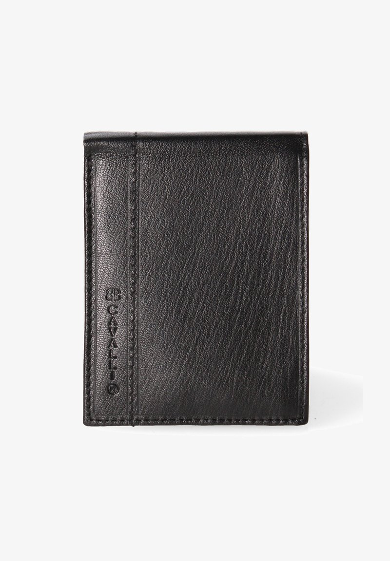 Portafoglio in pelle nera con una finitura testurizzata, caratterizzato da un design semplice e da un branding discreto sul lato. Chiusura piegata per una conservazione compatta.