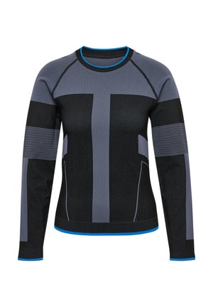 Długi rękawowy w koszulka sportowa w kolorze czarnym i szarym, z różnorodnymi fakturami oraz niebieskim akcentem na dekolcie i mankietach.