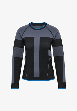 Długi rękawowy w koszulka sportowa w kolorze czarnym i szarym, z różnorodnymi fakturami oraz niebieskim akcentem na dekolcie i mankietach.