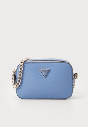 Blue synthetic crossbody bag with a smooth texture, triangular logo, and gold chain strap. Features a zippered closure and rectangular shape.