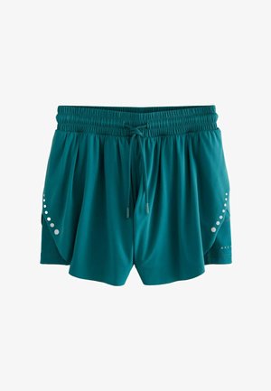 Pantaloni scurți sport de culoare teal, fabricați dintr-un material moale, având un talie elastică cu șnur, deschideri laterale și accente circulare decorative.