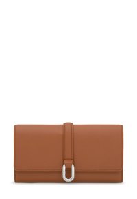 Brown leather wallet with a smooth texture, front snap closure, and a decorative silver hardware accent on the front.