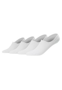 White no-show socks, featuring a smooth texture, ribbed design on the toe area, and a low-cut silhouette. Four pairs displayed in a row.