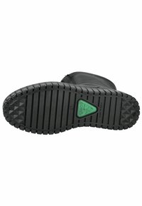 Black boot sole with a textured, ribbed design. Features a green triangular logo and size marking, with a zigzag pattern for grip.