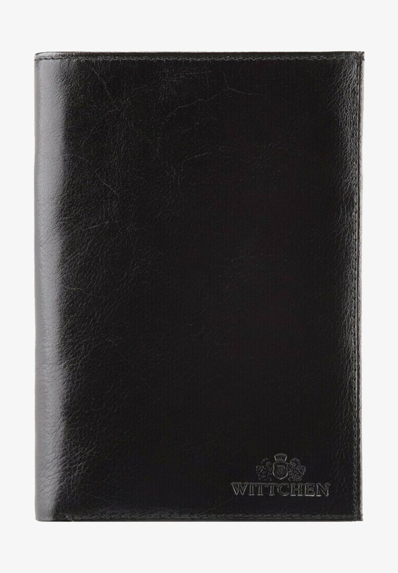 Black leather wallet with a textured finish, featuring embossed logo at the bottom corner. Rectangular shape with rounded edges.