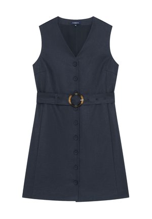 Sleeveless navy blue dress with V-neck, front button closure, and matching belt featuring a round tortoiseshell buckle.