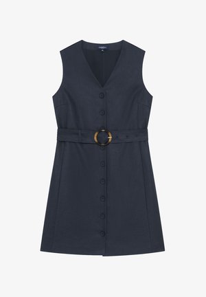 Sleeveless navy blue dress with V-neck, front button closure, and matching belt featuring a round tortoiseshell buckle.