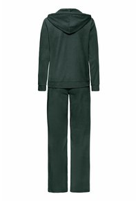 Donkergroene hoodie en sweatpants set. Zachte stof, volledig rits hoodie met een kangoeroezak, elastische tailleband op de broek. Relaxte pasvorm.