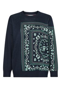 Marineblauwe trui met een groene paisleyprint en geometrische patronen. Geribbelde halslijn en boorden. Zachte gebreide stof met een subtiele glans.