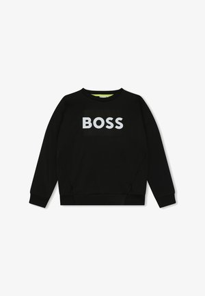 Sort sweatshirt lavet af bomuldsblanding med rund hals og lange ærmer. Forsiden viser et stort hvidt "BOSS"-logo.