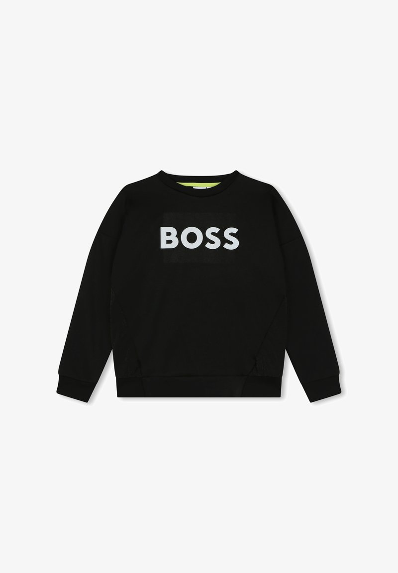 Czarna bluza z bawełnianej mieszanki, z okrągłym dekoltem i długimi rękawami. Z przodu znajduje się duże białe logo "BOSS".
