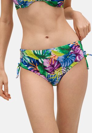 Una parte de abajo de bikini con un vibrante patrón de hojas tropicales en verde, púrpura y amarillo. Presenta lazos a los lados y una textura de tela suave.