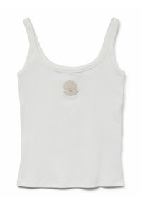 Witte tanktop met smalle bandjes, met schelpenborduursel op de voorkant. Ribbeltextuur, aansluitend ontwerp en een ronde halslijn.