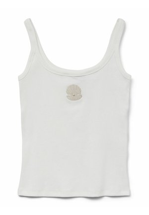 Witte tanktop met smalle bandjes, met schelpenborduursel op de voorkant. Ribbeltextuur, aansluitend ontwerp en een ronde halslijn.