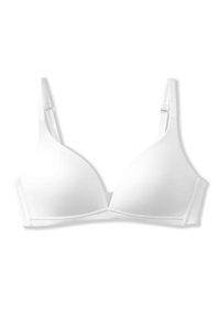 Witte beha met gladde, gevormde cups, verstelbare bandjes en een eenvoudige haak-en-oogsluiting. De stof lijkt lichtgewicht en flexibel.