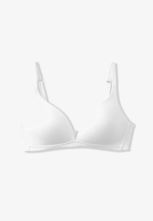 Reggiseno bianco con coppe lisce e sagomate, spalline regolabili e una semplice chiusura con gancio e asola. Il tessuto sembra leggero e flessibile.