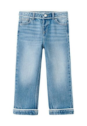 Jean large pour enfants de couleur bleu clair avec bordure festonnée sur la ceinture et les ourlets, bouton frontal, et cinq poches.