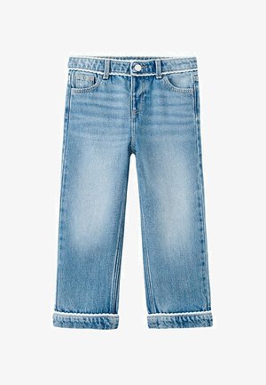 Jeans larghi da bambino di colore azzurro chiaro con rifinitura smerlata sulla vita e sui orli, bottone frontale e cinque tasche.