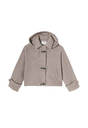 Veste en laine beige avec capuche, dotée de fermetures à bascule, de deux poches avant et de poignets retroussés. Fabriquée en tissu doux et texturé.