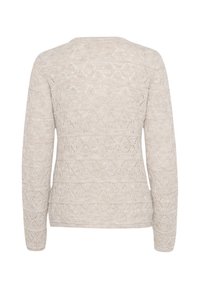 Pull en maille beige clair à manches longues avec un motif subtil en forme de losanges en dentelle, vu de dos.