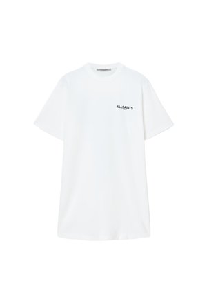 Weißes Baumwoll-T-Shirt mit kurzen Ärmeln, Rundhalsausschnitt und einem kleinen schwarzen "ALLSAINTS"-Logo auf der linken Brust.