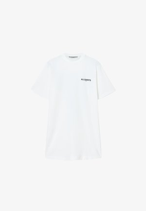 Valge puuvillane lühikeste varrukatega t-särk, millel on ümar kaelus ja vasakul rinnal väike must "ALLSAINTS" logo.