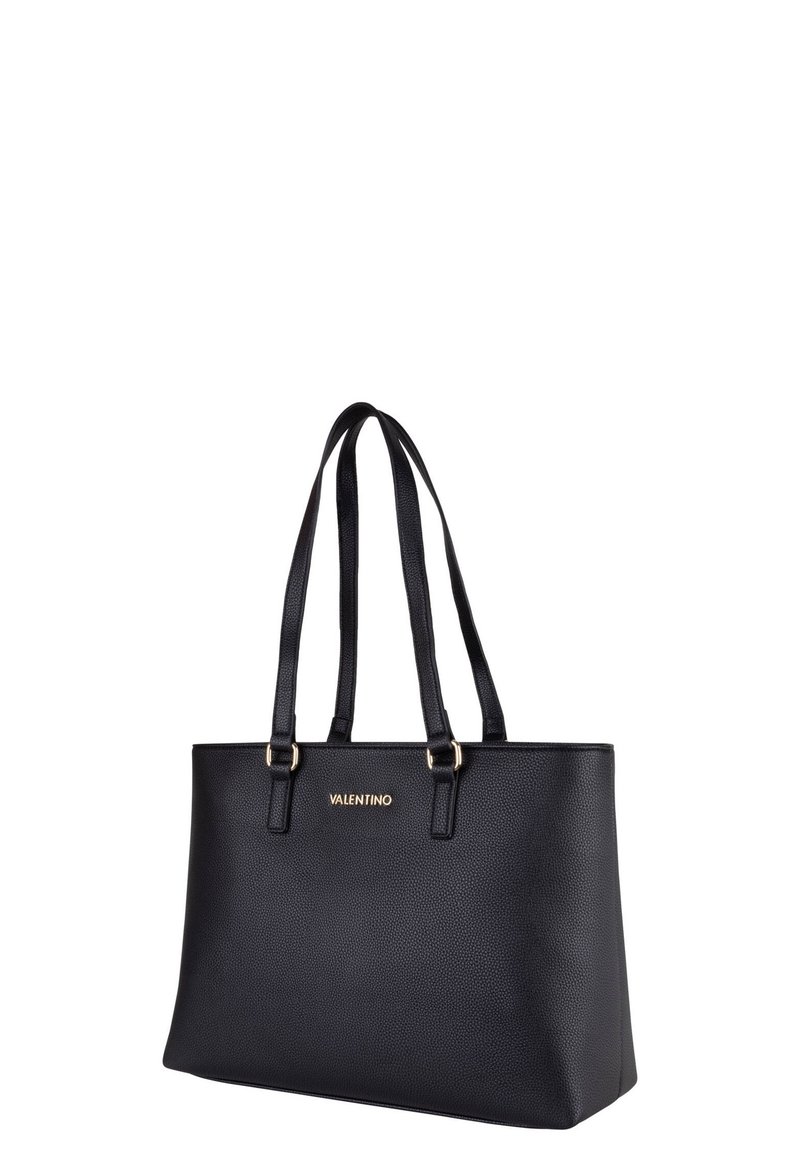 Schwarze Lederhandtasche mit zwei Henkelriemen, goldenen Hardware-Details und geprägt Logo auf der Vorderseite. Rechteckige Form.