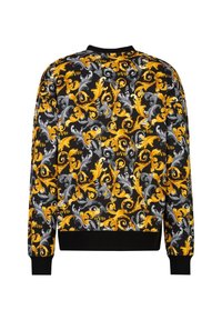 Schwarzer Pullover mit einem lebhaften blauen, grauen und weißen Blumenmuster, ausgestattet mit einem gerippten Kragen und Bündchen.