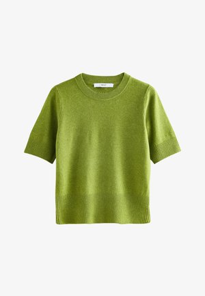 Kurzarmpullover aus leuchtend grüner Wolle mit geripptem Halsausschnitt und Saum. Glatte Textur mit lockerer Passform. Minimalistisches Design.