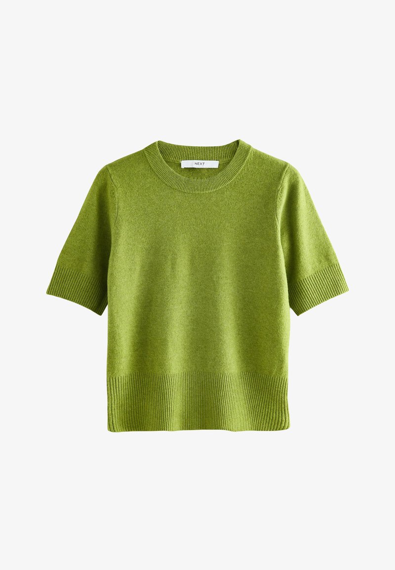 Short-sleeve sweater in bright green wool, featuring ribbed neckline and hem. Smooth texture with a relaxed fit. Minimalist design.