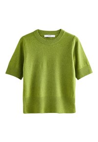Kurzarmpullover aus leuchtend grüner Wolle mit geripptem Halsausschnitt und Saum. Glatte Textur mit lockerer Passform. Minimalistisches Design.