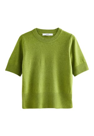 Short-sleeve sweater in bright green wool, featuring ribbed neckline and hem. Smooth texture with a relaxed fit. Minimalist design.
