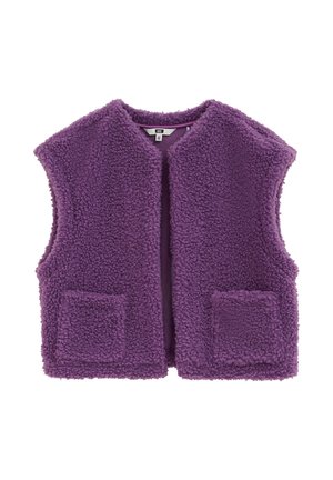 Veste polaire sans manches violette avec poches devant et col rond, en tissu doux texturé.