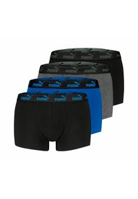 Puma men's boxer briefs set in black, blue, and grey. Featuring elastic waistbands with logo. Cotton blend material, standard fit.