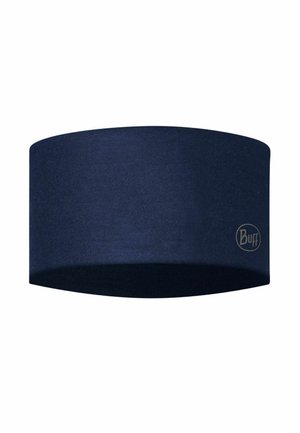 Dark blue fabric headband with small circular Buff logo on the side, designed for sports or outdoor activities.