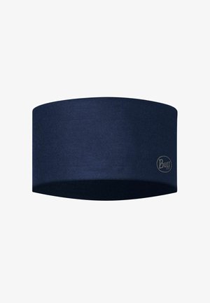 Dark blue fabric headband with small circular Buff logo on the side, designed for sports or outdoor activities.