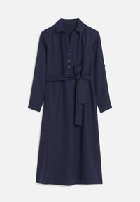 Abito in lino blu navy con colletto, maniche lunghe, chiusura a bottone e cintura annodata in vita. Presenta una silhouette morbida e una texture sottile.