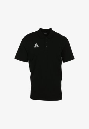 Polo noir en coton avec col, doté d'une patte de boutonnage à trois boutons et d'un logo brodé blanc sur la poitrine gauche.