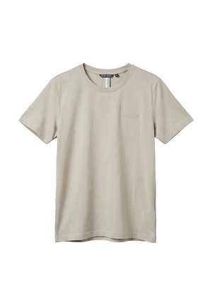 T-shirt beige a maniche corte con scollo rotondo e piccolo logo ricamato "Antony Morato" sul petto sinistro.