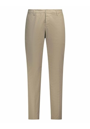 Pantaloni beige a gamba dritta con passanti per cintura, cerniera frontale e chiusura con bottone, presentati su sfondo bianco.