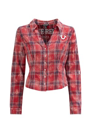 Rood geruit overhemd met lange mouwen, een aangesloten pasvorm, knoopsluiting aan de voorkant en een wit merkembleem op de linkerborst. Zachte stof met een gestructureerd gevoel.