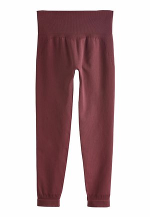 Bordeaux legging met een brede geribde tailleband, tapered fit en omgeslagen enkels. Gemaakt van rekbare, soepele stof met een gestructureerd patroon.